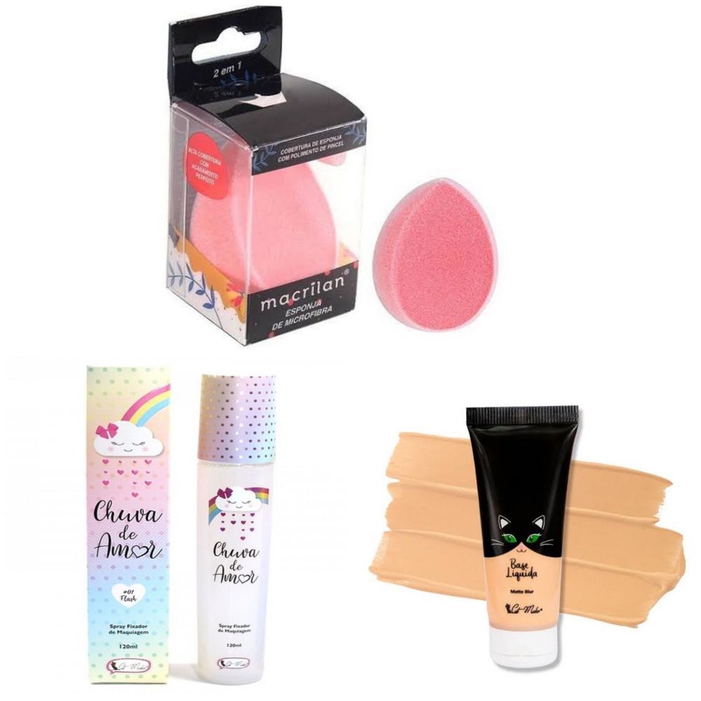 KIT ESPONJA MICROFIBRA MACRILAN + BASE CATMAKE COR 1.0 + CHUVA DE AMOR 01 FLASH CATMAKE