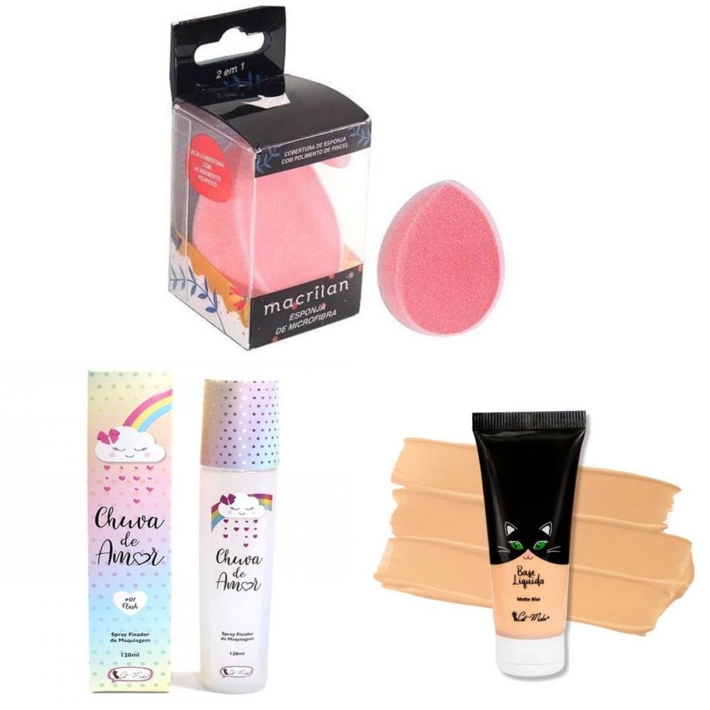 KIT ESPONJA MICROFIBRA MACRILAN + BASE CATMAKE COR 1.0 + CHUVA DE AMOR 01 FLASH CATMAKE
