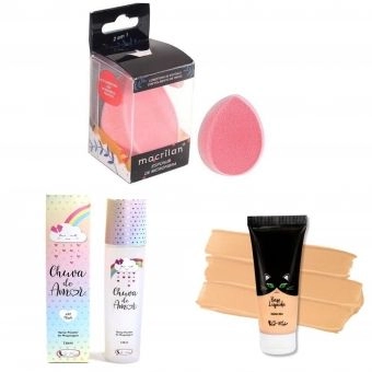 KIT ESPONJA MICROFIBRA MACRILAN + BASE CATMAKE COR 1.0 + CHUVA DE AMOR 01 FLASH CATMAKE