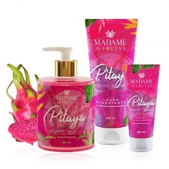 Kit Madame das Frutas Sabonete Liquido, Creme de Mãos e Corporal, Aroma Pitaya