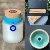 KIT ZEN VELA LINHA CORDAO & PINGENTE ,CHA BRANCO E INCENSOS AROMA PALO SANTO & INCENSARIO NA COR TURQUESA-BRIGHT SIDE