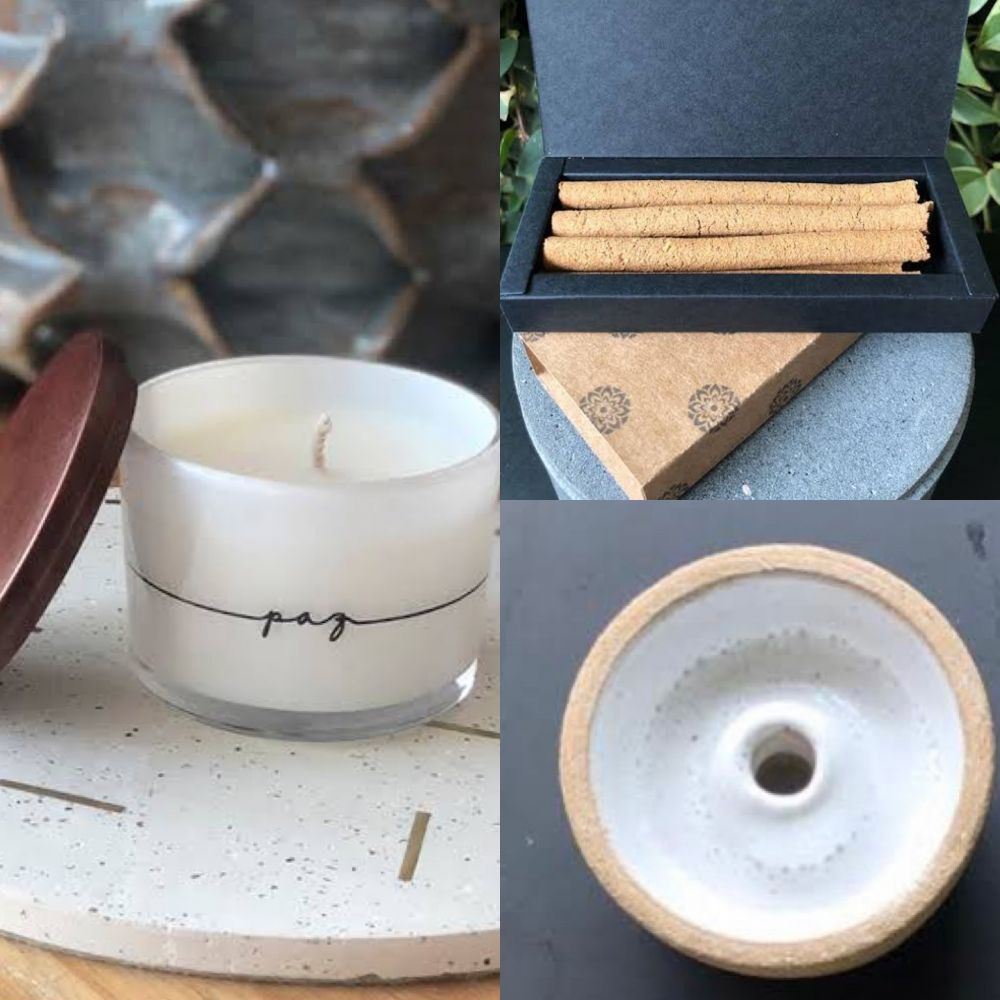 KIT ZEN VELA LINHA DESEJOS, FRESH TEA,PAZ E INCENSOS AROMA CEDRO & INCENSARIO BRANCO - BRIGHT SIDE