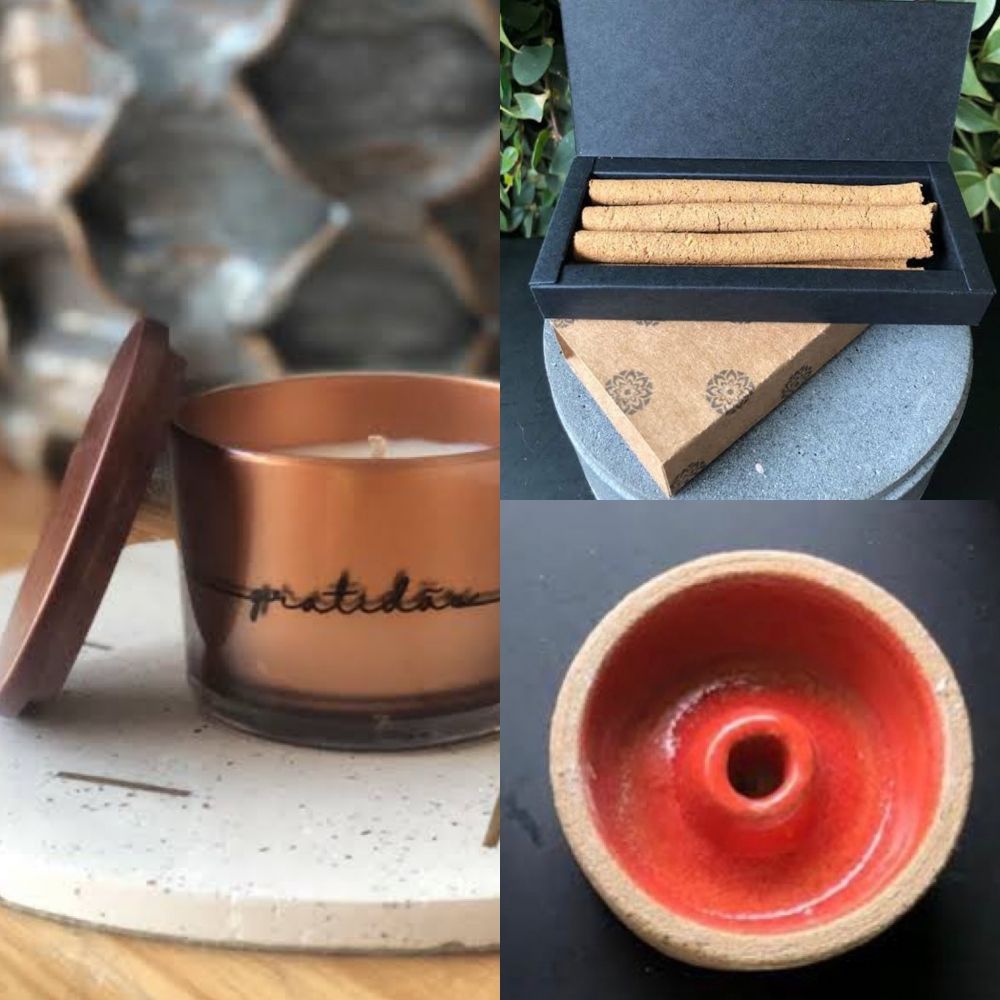 KIT ZEN VELA DESEJOS AROMA FRESH TEA E INCENSOS AROMA PALO SANTO & INCENSARIO VERMELHO - BRIGHT SIDE